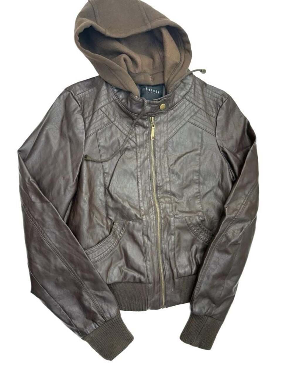 Therapy by Lane Crawford Brown Faux Leather Hooded Bomber Jacket